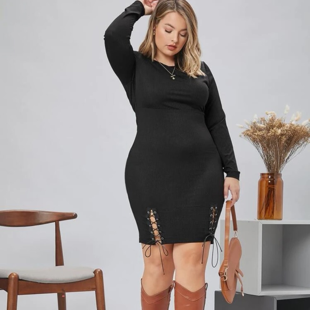 Plus Lace Up Hem Rib-knit Bodycon Dress